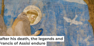 A fresco shows St. Francis speaking to the birds in the Basilica of San Francesco in Assisi, Italy. Photo Beto/iStock Getty Images Plus